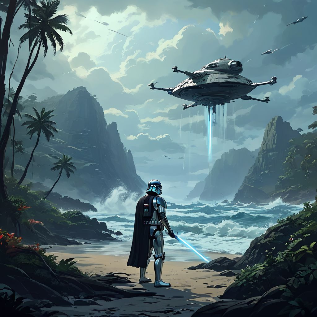 a (solo:1.5) black white lizard with (star wars armor:1.5) sword on belt (cockpit instruments view:1.5) inside star-wars style spaceship, (apocalyptic:1.5) fall fallen stars comets, dangerous apocalyptic meteors shower, burning planet, (ocean:0.5) (waves:0.5), in the middle of sea, dawn, heavy rain, wind, windy, typhoon, hurricane, tropical storm, fog, mountain, sky, cloud, deluge, rainforest, cartoon, anime artstyle, full body character portrait landscape, iaidow,weapon, katana, holding sword, ready to draw, sheathed, unsheathing, scabbard,