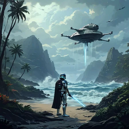 a (solo:1.5) black white lizard with (star wars armor:1.5) sword on belt (cockpit instruments view:1.5) inside star-wars style spaceship, (apocalyptic:1.5) fall fallen stars comets, dangerous apocalyptic meteors shower, burning planet, (ocean:0.5) (waves:0.5), in the middle of sea, dawn, heavy rain, wind, windy, typhoon, hurricane, tropical storm, fog, mountain, sky, cloud, deluge, rainforest, cartoon, anime artstyle, full body character portrait landscape, iaidow,weapon, katana, holding sword, ready to draw, sheathed, unsheathing, scabbard,
