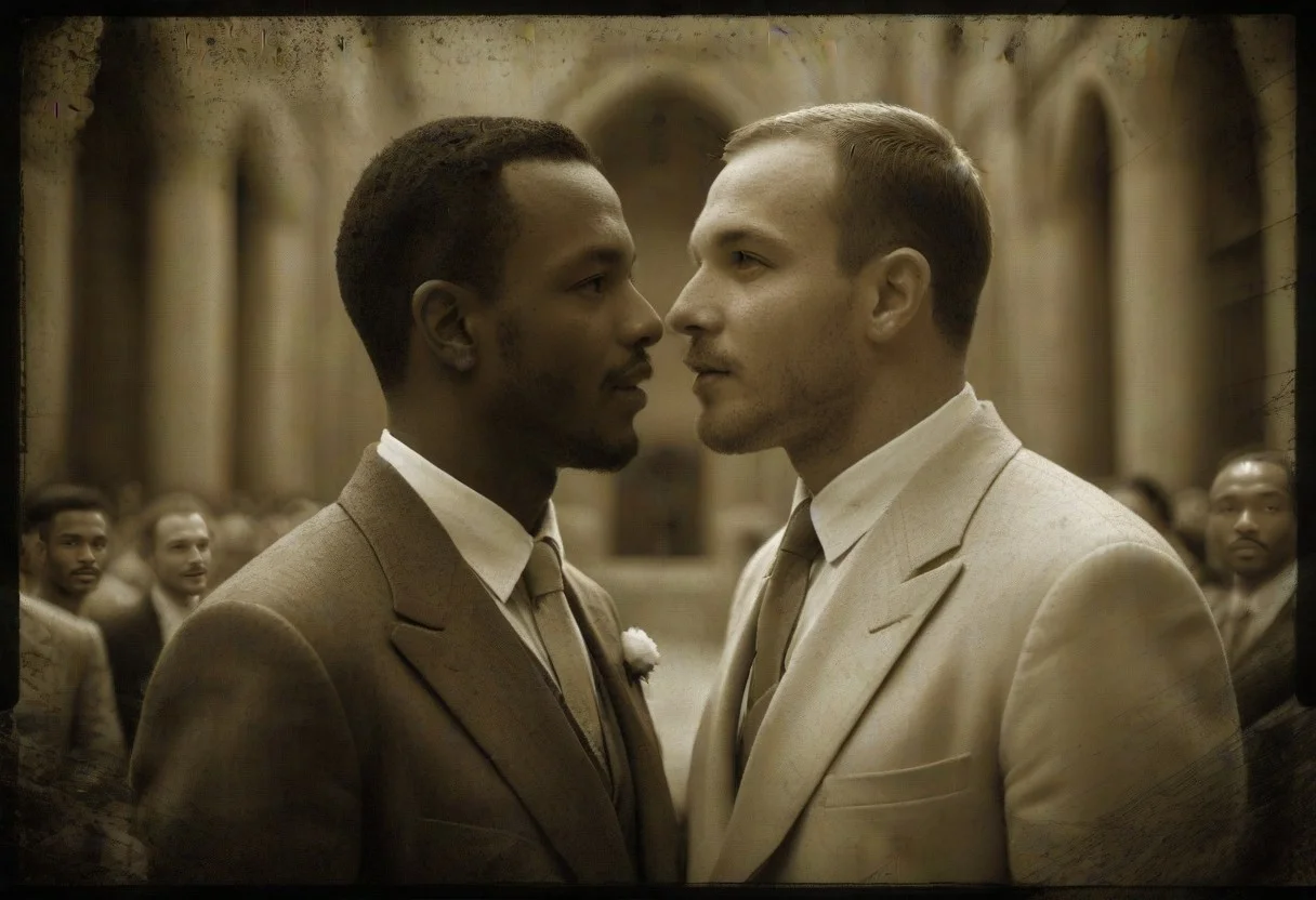 (((((A professional, hyper-realistic, ultra-high-resolution monochrome photo in deep AgedSepiaCE tones, resembling authentic 1930s vintage black and white photography))))). (((((((The entire image is monochromatic sepia with no color))))))). two very happy smiling handsome african men marrying each other, dressed in white tuxedos, with dark lapel flowers and dark bow ties, getting married inside a grand Catholic cathedral. They are leaning in towards each other and almost kiss. Both gazing into each others' eyes. ((((((The lighting and shadows reflect a soft, aged sepia hue, with a warm, nostalgic atmosphere typical of 1930s wedding photographs)))))). The photo has some signs of wear. on the edges and a couple of scratches.