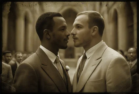 (((((A professional, hyper-realistic, ultra-high-resolution monochrome photo in deep AgedSepiaCE tones, resembling authentic 1930s vintage black and white photography))))). (((((((The entire image is monochromatic sepia with no color))))))). two very happy smiling handsome african men marrying each other, dressed in white tuxedos, with dark lapel flowers and dark bow ties, getting married inside a grand Catholic cathedral. They are leaning in towards each other and almost kiss. Both gazing into each others' eyes. ((((((The lighting and shadows reflect a soft, aged sepia hue, with a warm, nostalgic atmosphere typical of 1930s wedding photographs)))))). The photo has some signs of wear. on the edges and a couple of scratches.
