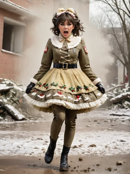 photorealistic, highly detailed photograph of a (desperate, terrified) soldier girl wearing a (filthy, tattered, dirty, ragged:1.4) yellow ((military uniform)) (sweetegl dress) with fluffy petticoat and a (mistletoe headband), running from a massive explosion, candid shot. There is a festive ((christmas)) atmosphere, despite the scene of ((destruction)) unfolding. cinematic explosion style <lora:cinematic explosion style:1.0> full body photo <lora:sweetlolitaxl3.5-12:1.0>