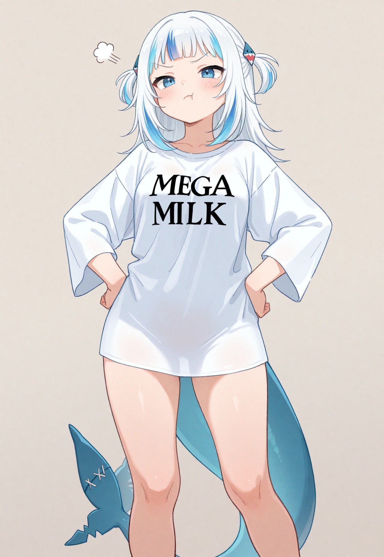 safe_pos, masterpiece, best quality, newest, highres, absurdres, 1girl, gawr gura, standing, small breasts, petite, Mega MIlk, pout, hands on own hips, oversize shirt
