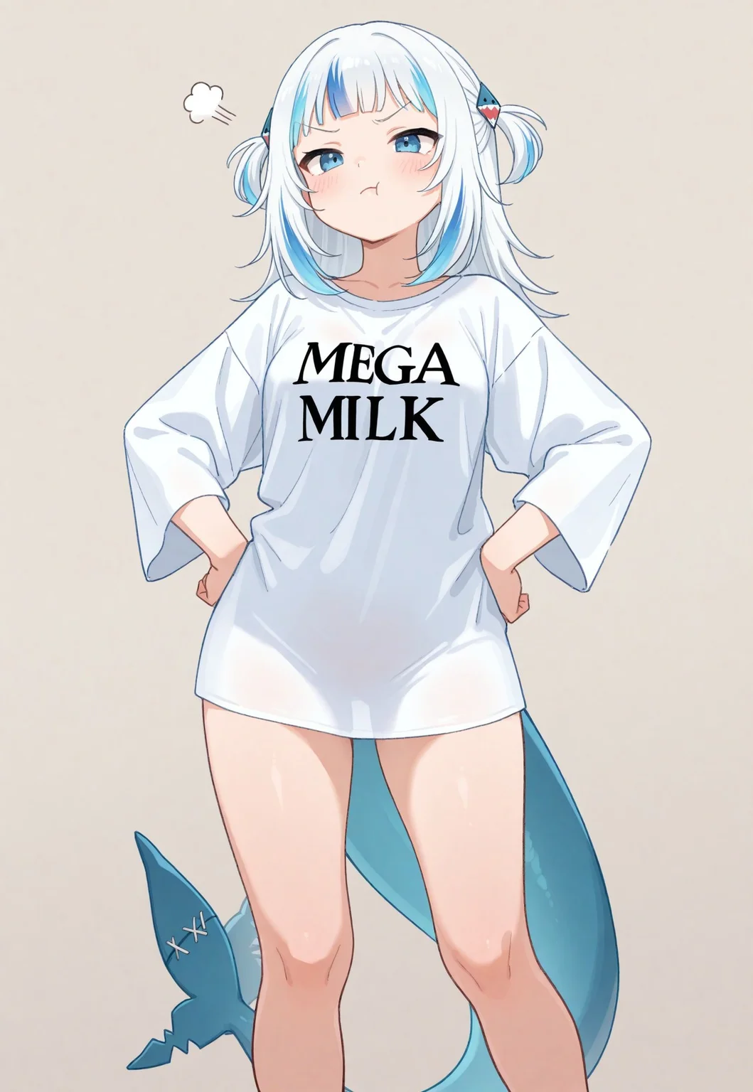safe_pos, masterpiece, best quality, newest, highres, absurdres, 1girl, gawr gura, standing, small breasts, petite, Mega MIlk, pout, hands on own hips, oversize shirt