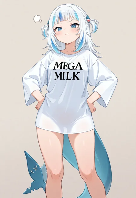safe_pos, masterpiece, best quality, newest, highres, absurdres, 1girl, gawr gura, standing, small breasts, petite, Mega MIlk, pout, hands on own hips, oversize shirt
