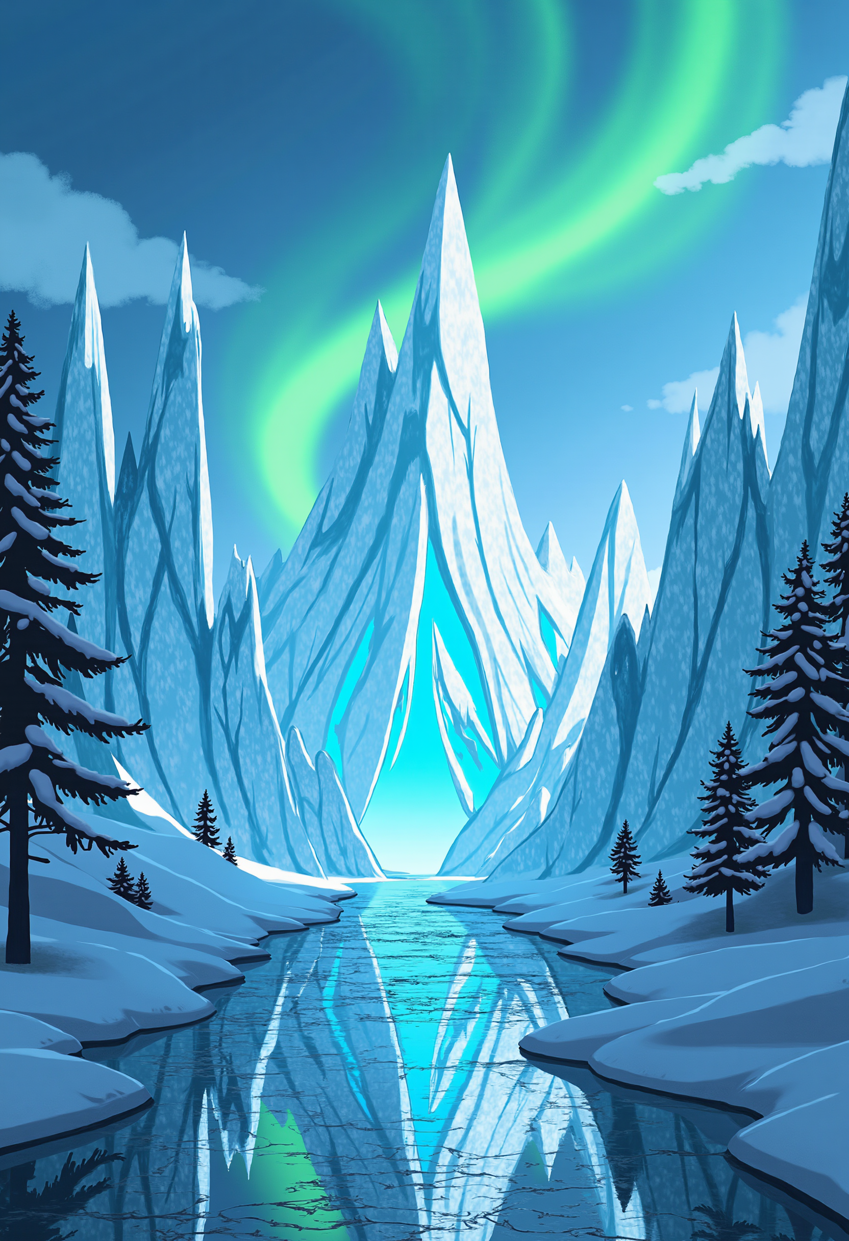 A digital artwork in the style of P0RTR4IT. A frozen kingdom of towering ice spires and crystal caverns. The sky glows with auroras, reflecting off the icy landscape, while frozen rivers shimmer like mirrors beneath the pale light.