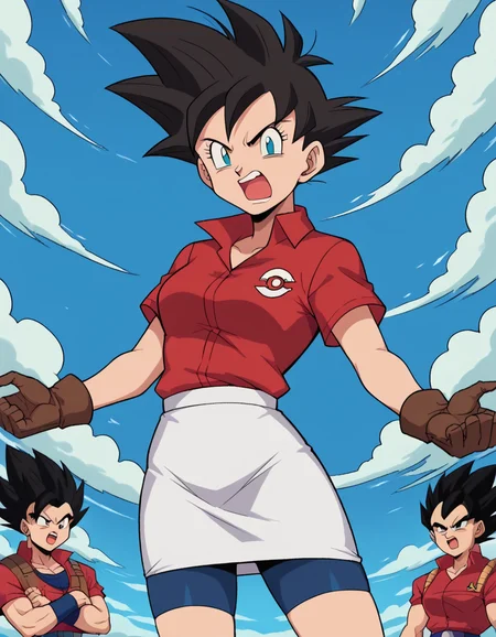 score_9, score_8_up, score_7_up, source_anime, <lora:super-saiyan-ponyxl-lora-nochekaiser:1>, super saiyan, spiky hair, aura, open mouth, closed hands, shouting, breast,
<lora:pokemon-may-anime-ponyxl-lora-nochekaiser:1>, bike shorts, collared shirt, gloves, microskirt, multicolored shirt, pencil skirt, red shirt, shirt, short sleeves, skirt, white skirt,
wasteland, sky, blue sky, clouds,, cowboy shot, dutch angle, looking at viewer,