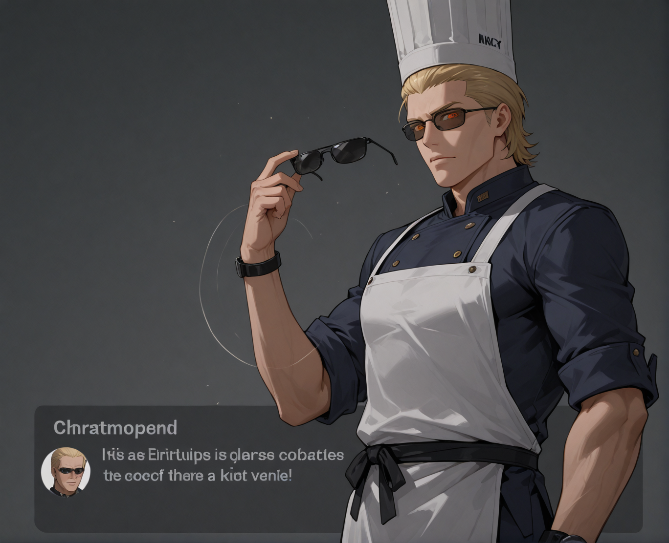 PonyScores7, source_anime, ah, 1IllustriousQual, interesting, exciting, spectacular, wonderful,
BREAK (Fish-Eye Lens shot),
BREAK <lora:albertwesker-guy-PONYv1:0.8>, albertwesker, 1boy, toned, athletic, fit, mature male,  angular face, sharp_featured face, handsome, charming, alluring, <lora:shinyskin2:0.2>, glistening skin, AS-MidAged,
BREAK slicked back hair, short hair, blonde, <lora:hairdetailpxl:0.2>, hairdetailpxl, 
BREAK slit pupils, orange eyes, <lora:expressive eyes:0.2>, expressive eyes, <lora:eyedetailpxl:0.2>, eyedetailpxl, <lora:Eyes_High_Definition:0.2>, EyesHD,
BREAK (With a flick of his wrist, a man conjures a swirling vortex of shadows and darkness, engulfing his enemies and rendering them helpless in its inky embrace),
BREAK (mastaba of ti),
BREAK focused, intense glare, apathetic, contemptuous, <lora:Expressive_H:0.2>, Expressiveh, looking at viewer, <lora:Emotional_Anime_Expressions_PonyXL_Concept:0.2>, emotional, <lora:Best_Facial_Expression_LoRA_PONY:0.2>, <lora:Detailed expressive EXEV style -XL Pony V1.0:0.2>, FaceDetail,
BREAK (orbital chef, wearing a chef's hat and apron with a floating recipe display), (sunglasses:1.3), 
BREAK <lora:xl_more_art-full_v1:0.2>, <lora:aesthetic_anime_v1s:0.2>, <lora:EpicF4nta5yXL:0.2>, <lora:detailxl:0.2>, detailxl, <lora:Fant5yP0ny:0.2>, best quality, amazing quality, best aesthetic, absurdres, illustration, Volumetric_Lighting, ultra-detailed, very aesthetic, intricate details, 8k, masterpiece, best_quality,
BREAK Stable_Yogis_PDXL_Positives, AS-Adult, <lora:Complicated fantasy portrait - XL Pony V2.0:0.2>, bad-hands-5, <lora:HDA_Detailer:0.3>,