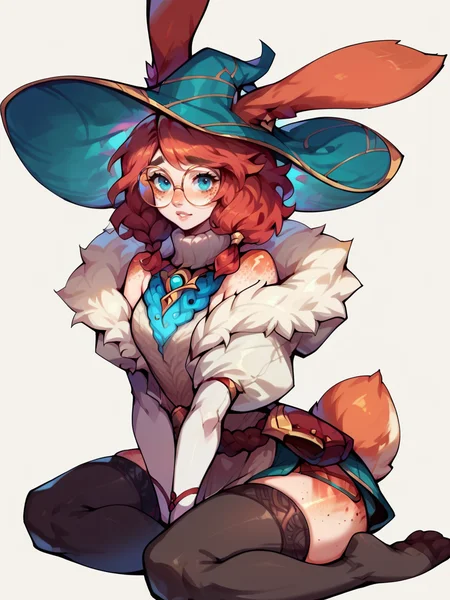 score_9, score_8_up, score_7_up, score_6_up, score_5_up, <lora:AuroraLOLXLP:1> auroralol, 1girl, solo, rabbit ears, round eyewear, blue eyes, freckles, hat, gloves, tail, thighhighs, red hair,