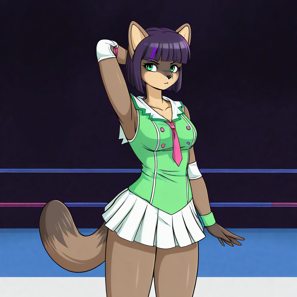 3n4,1girl,solo,furry,furry female,raccoon girl,racoon ears,short hair,black hair,purple hair,blunt bangs,bob cut,green eyes,snout,animal nose,body fur,two-tone fur,racoon tail, wristband, elbow pads, necktie, green shirt, white sailor collar, sleeveless, pleated skirt, white skirt, miniskirt, indoors, wrestling ring