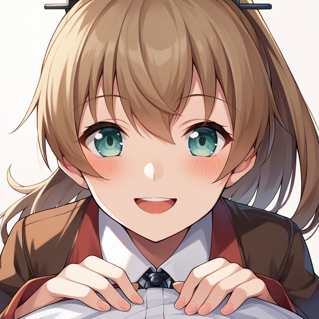 score_9, score_8, score_7, source_anime, kumano (kancolle), ponytail, POV, looking at viewer, blush, smile, upper teeth only