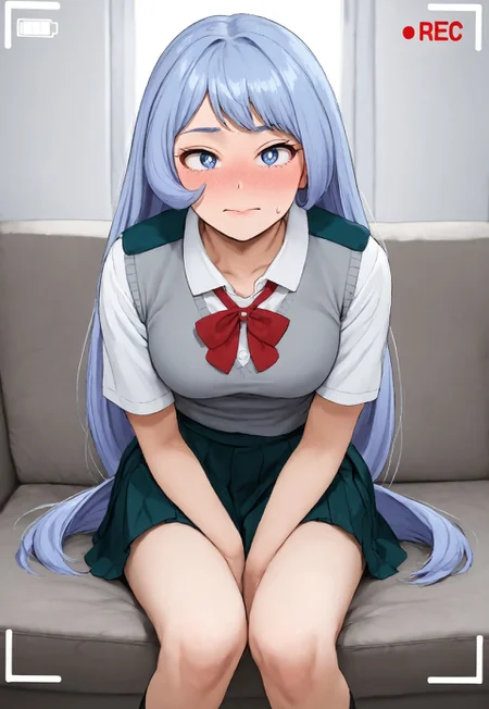 Expressiveh, zPDXL3,sinfully stylish, dramatic lighting, soft light,long shadows , nejire hadou, blue eyes, blue hair, long hair, hornsnecktie, pleated skirt, school uniform, short sleeves, skirt, u.a. school uniform,castingxl, c4stingc0uch, casting_couch, recording,movie_set, bts_behind_the_scenes, pornography, viewfinder,1woman, embarrassed, sitting, full-face blush, looking away to the side, on couch,recording, media player interface, battery indicator,