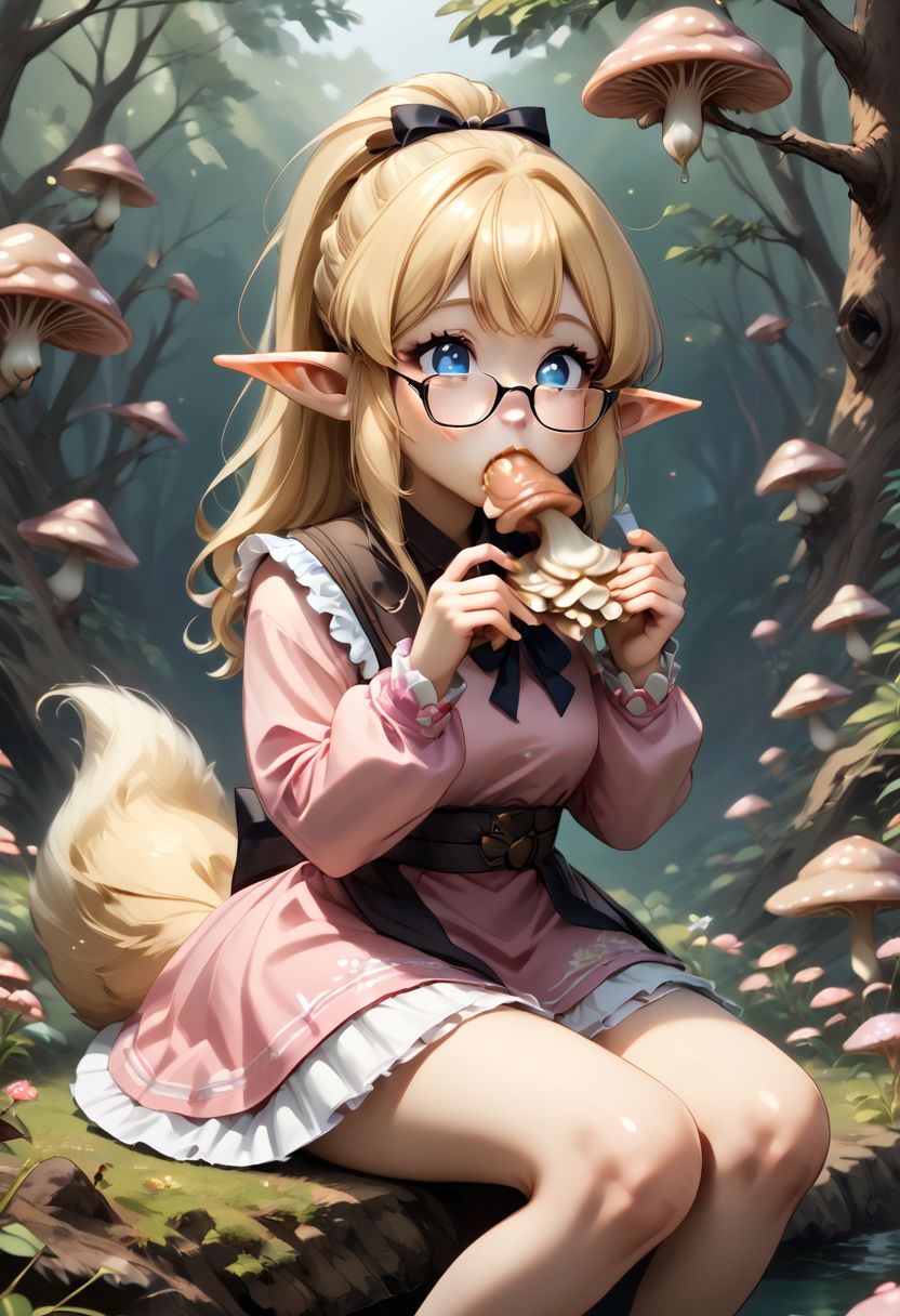 anime art. girl with blonde hair, cute blue eyes, glasses, pointy ears. pink short dress, small boobs, forest, fluffy tail, sitting, eating mushroom