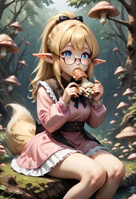 anime art. girl with blonde hair, cute blue eyes, glasses, pointy ears. pink short dress, small boobs, forest, fluffy tail, sitting, eating mushroom