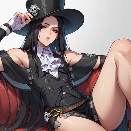 score_9, score_8_up, score_7_up, score_6_up, score_5_up, score_4_up, source_anime, seductive pose,
1other, androgynous, looking at viewer, testament\(guilty gear\), <lora:TestamentGGST:1> ggtestament, black hair, red eyes, long hair, formal, black sleeves, detached sleeves, ascot, top hat, long black skirt, side slit, black vest, fingerless gloves, bare shoulders, asymmetrical gloves, solo