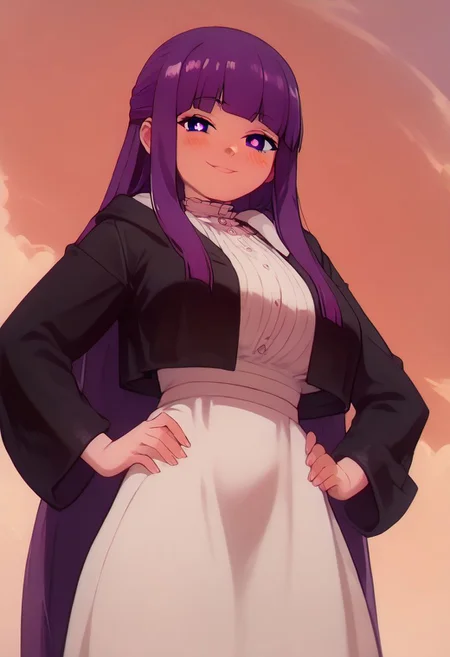 score_9, score_8_up, score_7_up, pinup girl pose, Expressiveh, aesthetic, dramatic angle, unique perspective, unique angle,
big breasts,
patFern, long hair, bangs, purple eyes, purple hair, sidelocks, blunt bangs, bright pupils, half updo, long sleeves, dress, white dress, long dress, robe, black robe,
hands on hips, looking at viewer, cowboy shot, dutch angle, solo,
extremely smug, smile,
blush, horny,
