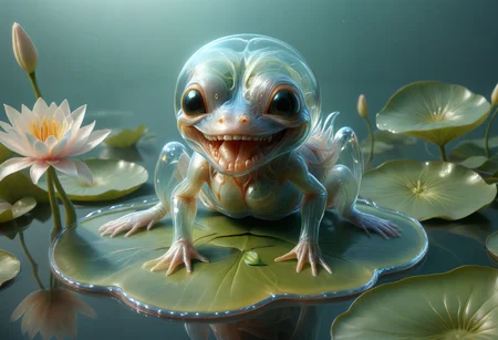 <lora:tranzp:1> tranzp style, a transparent creature with clear glass skin sitting on a lily pad in a lake <lora:cyberanatomy:0.5> cyberanatomy, blood vessels, intestines, colon, small intestine, guts, unidentifiable alien organs, nervous-system teeth, smiling, <lora:artfullyALIEN_SDXL_V1:0.8> artln