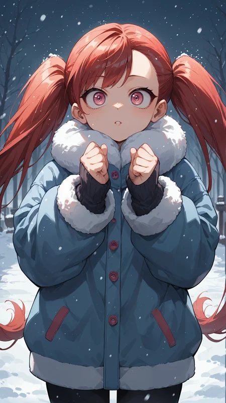 score_9,score_8_up,score_7_up,score_6_up, <lora:xl_more_art-full_v1:0.5>, source_anime, girl, dynamic pose, crawling, <lora:Manami Aiba (La Brava) - Pony-000004:0.8>, red hair, long twintails, pink eyes, large eyes, oversized jacket, winter jacket, puffy jacket, winter, snowing, snowstorm,