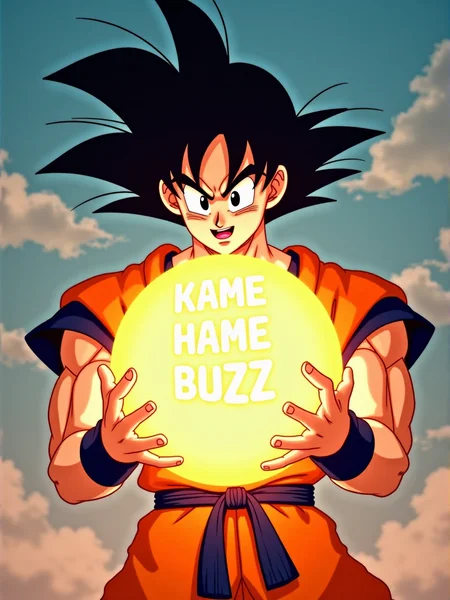 Goku from Dragon Ball Z, launching an energy ball from his hands. a dialogue globe coming from his mouth saying 'KAME HAME BUZZ'
