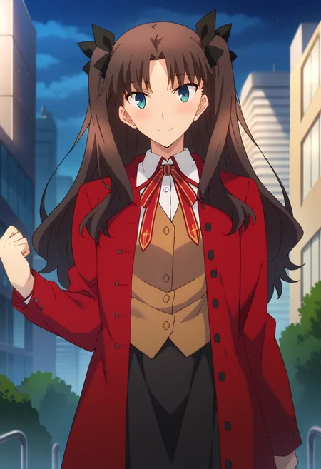 score_4, score_5, score_6, score_9, score_8_up, score_7_up, source_anime,
<lora:FateStayNightUBW_TohsakaRin:0.8>, TohsakaRin,
1girl, light smile, blush,
brown hair, two side up, parted bangs, blue eyes, hair ribbon,
RinSchoolUniform, red jacket, open clothes, white shirt, collared shirt, brown vest, black skirt, long sleeves, long skirt, neck ribbon,
looking at viewer,
outdoors, city, (night:1.2)
