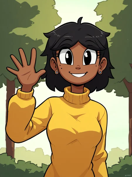 score_9, score_8_up, score_7_up, score_6_up, BREAK, 0al3r1e, 1girl, solo, smile, black hair, black eyes, medium breasts, dark-skinned female, dark skin, earrings, mole under eye, yellow sweater, turtleneck, smile, upper body, raise left arm, day, outdoor, waving, looking at viewer, Volumetric Lighting <lora:Valerie:1>