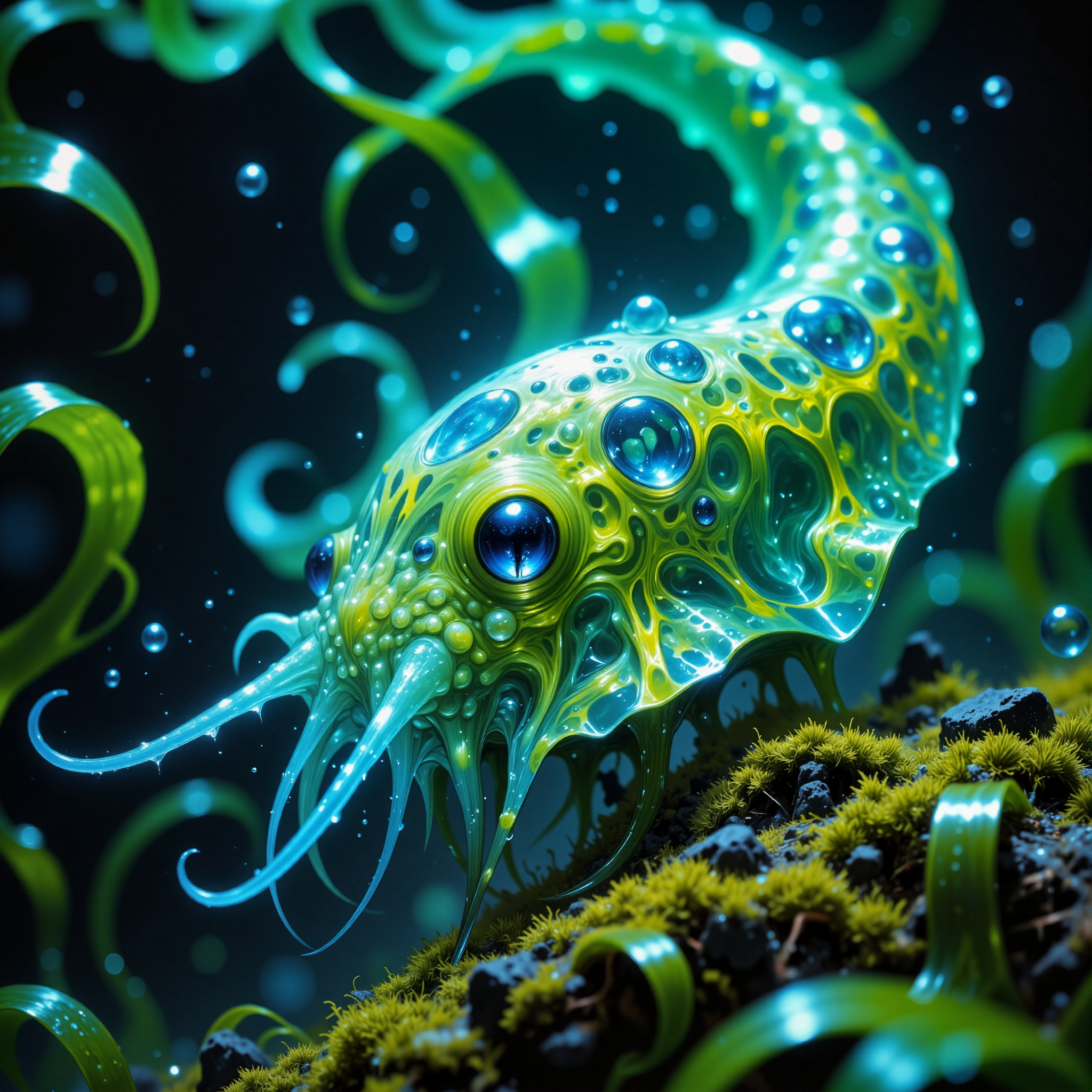 award-winning macro photo, short depth of field, hyper-realistic, dim lighting, twilight, bioluminescence, subsurface scattering, the minuscule "villainous bladebob" is an anderful mollusk-like ocean-dwelling creature living in the vast gorliflynx kelp woods on planet "xenowood quartus". it uses the discarded huge coiled shells of the "regal harbphlonk" as shelter. its beautiful semi-transparent body glimmers faintly with iridescent snugglequarks, allowing it to blend seamlessly with the faintly glowing kelp fronds. the creatures use their elongated, quoggering proboscis to extract nutrients from the sap of the gorliflynx kelp. their biome is a surreal underwater tapestry of flowing bioluminescent kelp strands, undulating in slow, hypnotic rhythms as shimmering gas bubbles rise from the seafloor fissures, highly detailed, intricate, detailed background, golden ratio, arsmjstyle, dnddarkestfantasy, in the style of ck-ovf, aidmafluxpro1.1, amanoer, <lora:style-yoshitaka_amano-elden_ring-flux-by_alicient:0.6> <lora:style-dnd_dark_fantasy-flux-by_arsmachina:0.6> <lora:style-oneviolentfantasy-ep21-flux-by_chronoknight:0.48> <lora:flux_pro1.1_detailer-v0.3-flux-by_aidma:0.56>
