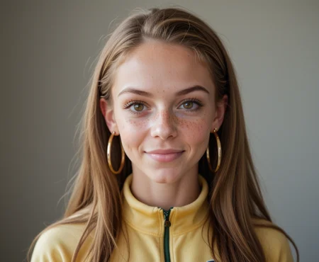 hyperrealistic art girl 24 yo, (round head:1.3), detailed round face, lifelike skin, naughty (smile:0.5), hoop gold earrings, freckles, detailed brown eyes, long hair behind ears, (tan), yellow sports suit, (eye contact:1.2), slutty [smirks] . extremely high-resolution details, photographic, realism pushed to extreme, fine texture, incredibly lifelike, Volumetric Lighting, girl 24 yo, (round head:1.3), detailed round face, lifelike skin, naughty (smile:0.5), hoop gold earrings, freckles, detailed brown eyes, long hair behind ears, (tan), yellow sports suit, (eye contact:1.2), slutty [smirks], light depth, dramatic atmospheric lighting, Volumetric Lighting