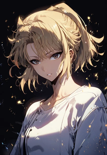 zPDXL3, score_9_up, score_8_up, score_7_up, (Anime_source), 1girl, ChaHae-In, brown eyes, blonde hair, short hair, ponytail, jeans, shirt, upper body, looking at viewer, parted lips, black background, cinematic light, particles
