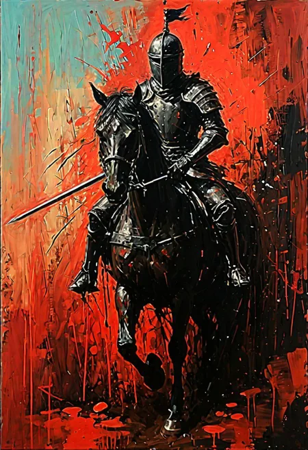 (Impressionism: 1.5), (abstract acrylic painting), red and black shades, (large strokes: 1.3), painting on canvas, filled with movement, (action packed), armored medieval warior riding a horse, (arriving: 1.5), holding sword in the hand, (looking forward), (from above: 1.3), dinamic position, (much splashes of blood and dirt: 1.3) from under the hooves, realism, modern art, abstraction, absurdity, acrylic painting on canvas, (silhouette in strokes: 1.6)