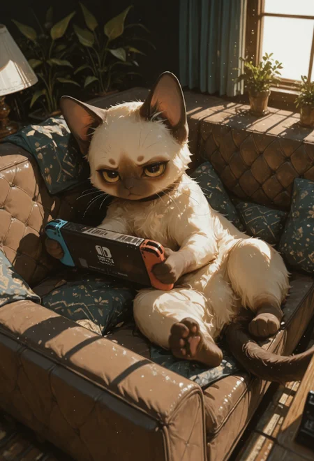 masterpiece, newest, absurdres, incredibly absurdres, best quality, amazing quality, very aesthetic, newest, no lineart, no outline, scenery,  (chiaroscuro), no humans, animal, Siamese cat, big cyan eyes,  whiskers, paws, solo, animal focus, reclining, on couch, window, closed curtains, playing games, grumpy, looking at viewer, holding nintendo switch,  (dark room), living room, decorative plants, lamp, warm light, volumetric lighting, raytracing, shadows, from above, perspective, depth of field, usnr, S4bit4mago_illu