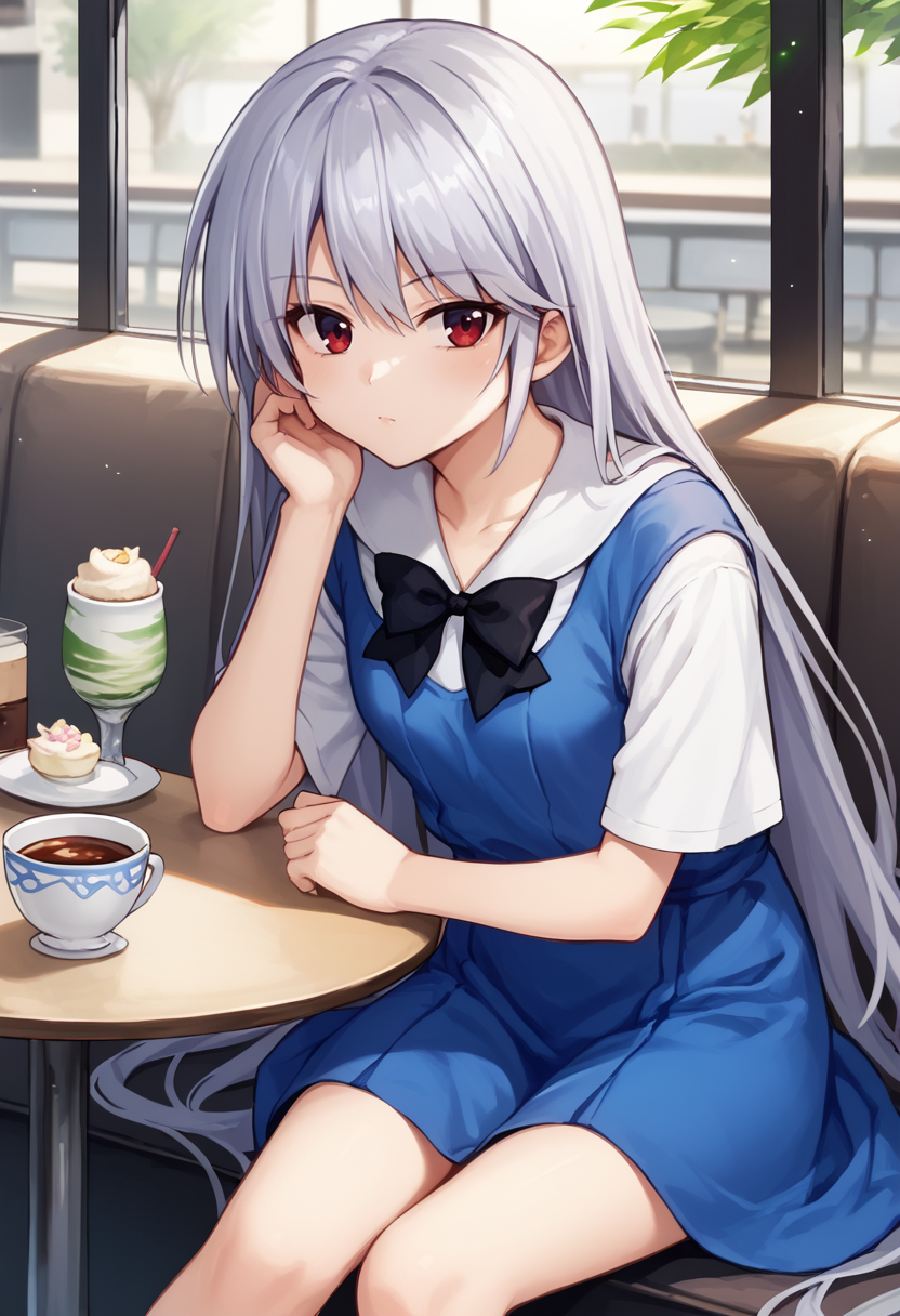 score_9,  score_7_up,   1girl, Kazuki, silver hair, long hair, red eyes, white shirt, blue dress, black bow, sitting, cafe, looking at viewer,  <lora:Kazuki Lora-000009:1>