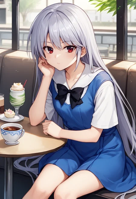 score_9, score_7_up, 1girl, Kazuki, silver hair, long hair, red eyes, white shirt, blue dress, black bow, sitting, cafe, looking at viewer, <lora:Kazuki Lora-000009:1>