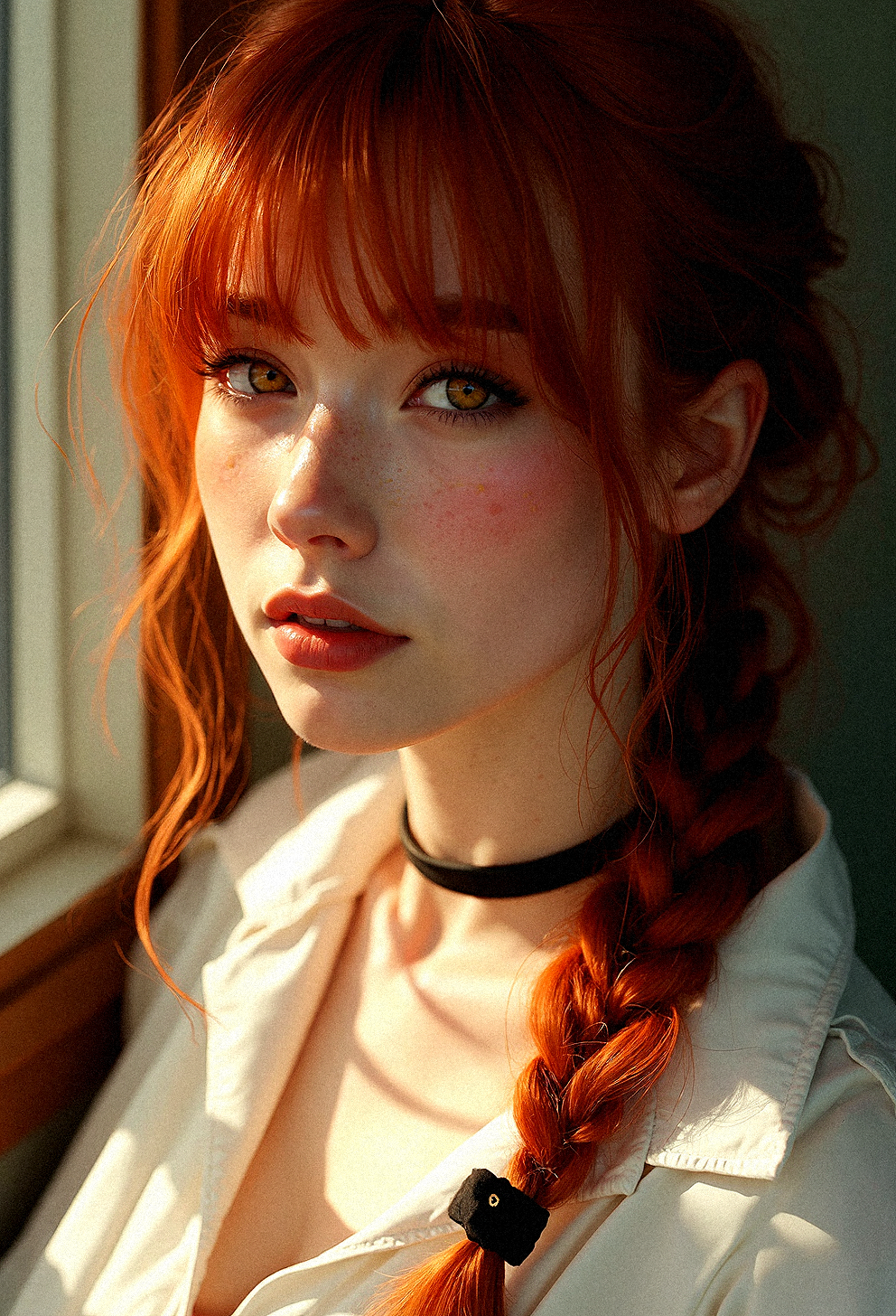  an ultra-realistic close-up image of a red-haired woman with bangs,  warm, amber eyes and a relaxed, introspective expression. Her hair is neatly braided and drapes over her shoulder, catching the sunlight that filters through an unseen window, giving her hair a rich, fiery glow. Her attire consists of a slightly unbuttoned white shirt that hints at an easygoing, yet polished style, with a black tie hanging loosely around her neck and a slim black choker accentuating her neckline. Her fair skin is illuminated by the soft, natural light, highlighting the faint blush on her cheeks and the fine details of her complexion. The background should be minimal, softly blurred to keep the focus on her expressive face and the gentle interplay of light and shadow. The overall mood is calm and intimate, with a focus on achieving a high level of photorealism that captures every detail, from the texture of her skin to the delicate strands of her hair.





