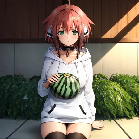 Ikaros, sweatshirt, hoodie, holding melon, anime, best quality, highly detailed, 8k, dynamic lighting