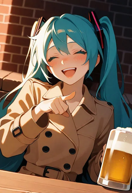1girl, solo, hatsune miku, lips, trench coat, holding beer mug, laughing, sitting, closed eyes, blush, brick wall, pointing forward, upper body, dutch angle, dark night, sidelighting, masterpiece, best quality, very aesthetic