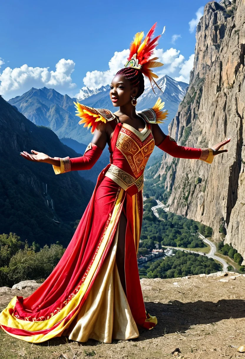 (high quality), (masterpiece), (detailed), 8K, Hyper-realistic depiction of (1girl1.3) African. with (phoenix-inspired outfit1.4). (Fiery feathers1.3) adorn (ornate shoulder piece1.2), (golden accents1.2) shimmer against (crimson fabric1.2). framed by (firey aura1.3), (dynamic lighting1.3) highlights intricate details. Dynamic pose, mountain background, stormy ambience.