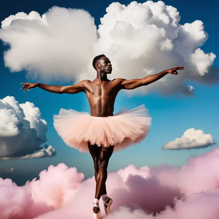 ethereal dreamlike photograph, achingly beautiful African boyish adult wearing a tutu ballet dancing on a cloud, vividly queer, high saturation