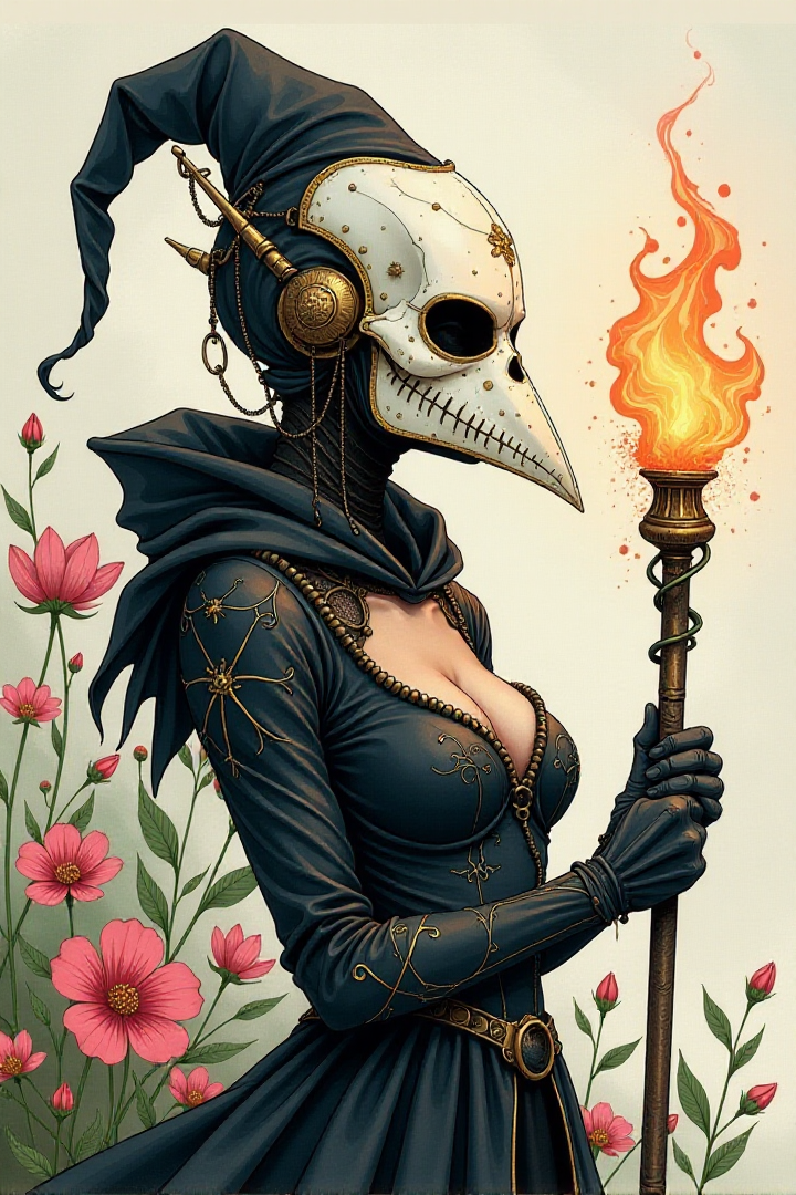 Anna Dittmann style character,digital illustration of a female plague doctor, biomechanical, in a thick line hand-drawn style,watercolor,flowery background, rough, minimalism, side view image,comic art, white plague doctor mask, glowing magical staff finished by Kay Nielsen, opaque paint, mysterious, sexy rococo cleavage, mysteriousâââ