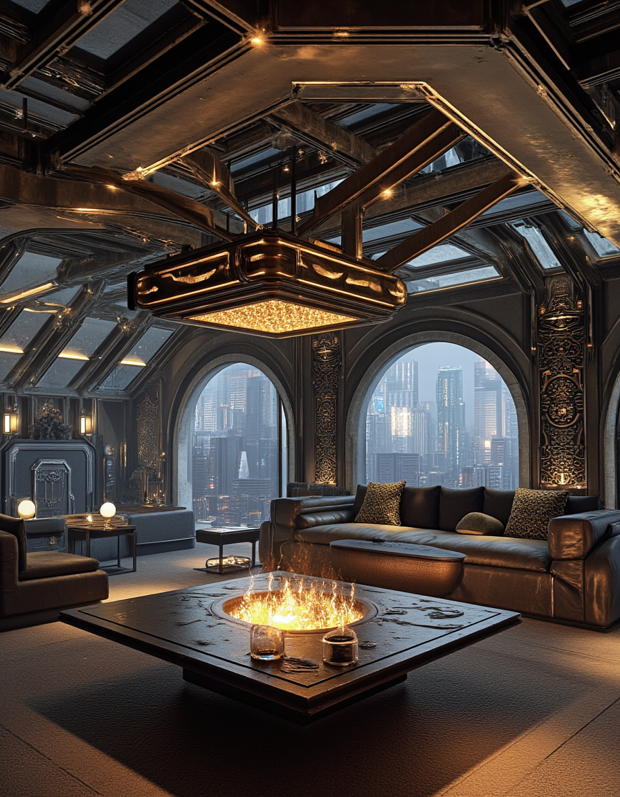 <lora:Home_R01fluxb:1> homer01, photo of a living room, luxurious design, Futuristic sci-fi lounge, diagonal beams, Futuristic cyberpunk cityscape, urban station, geometric patterns, intricate frescoes, metallic structure,