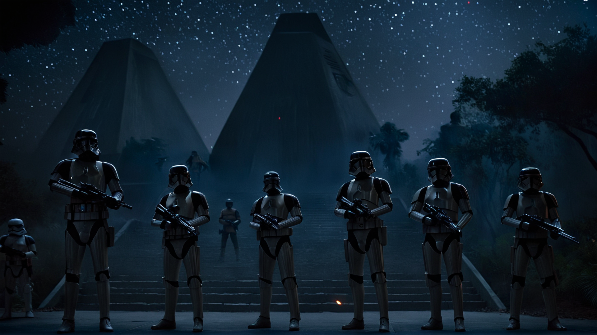cinematic film still of  <lora:star wars style:0.2>
<lora:detailed:0.4> detailed
<lora:perfection style:0.4> perfect
<lora:PerfectEyesXL:0.5>
 <lora:Chiaroscuro Lighting Style:0.3>
 <lora:Yavin 4:0.9>
Yavin 4 a group of people standing in front of a building,in star wars style,weapon,outdoors,multiple boys,uniform,tree,gun,military,military uniform,night,helmet,6+boys,stairs,soldier, shallow depth of field, vignette, highly detailed, high budget, bokeh, cinemascope, moody, epic, gorgeous, film grain, grainy