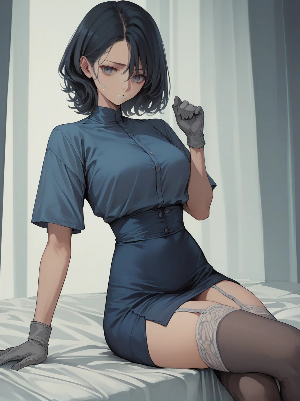 score_9, score_8_up, score_7_up, score_6_up, source_anime, <lora:kesokeso_v0.5-pony:1.0>
1girl, black hair, medium hair, blue shirt, blue skirt,
thighhighs,garter straps, grey gloves,
