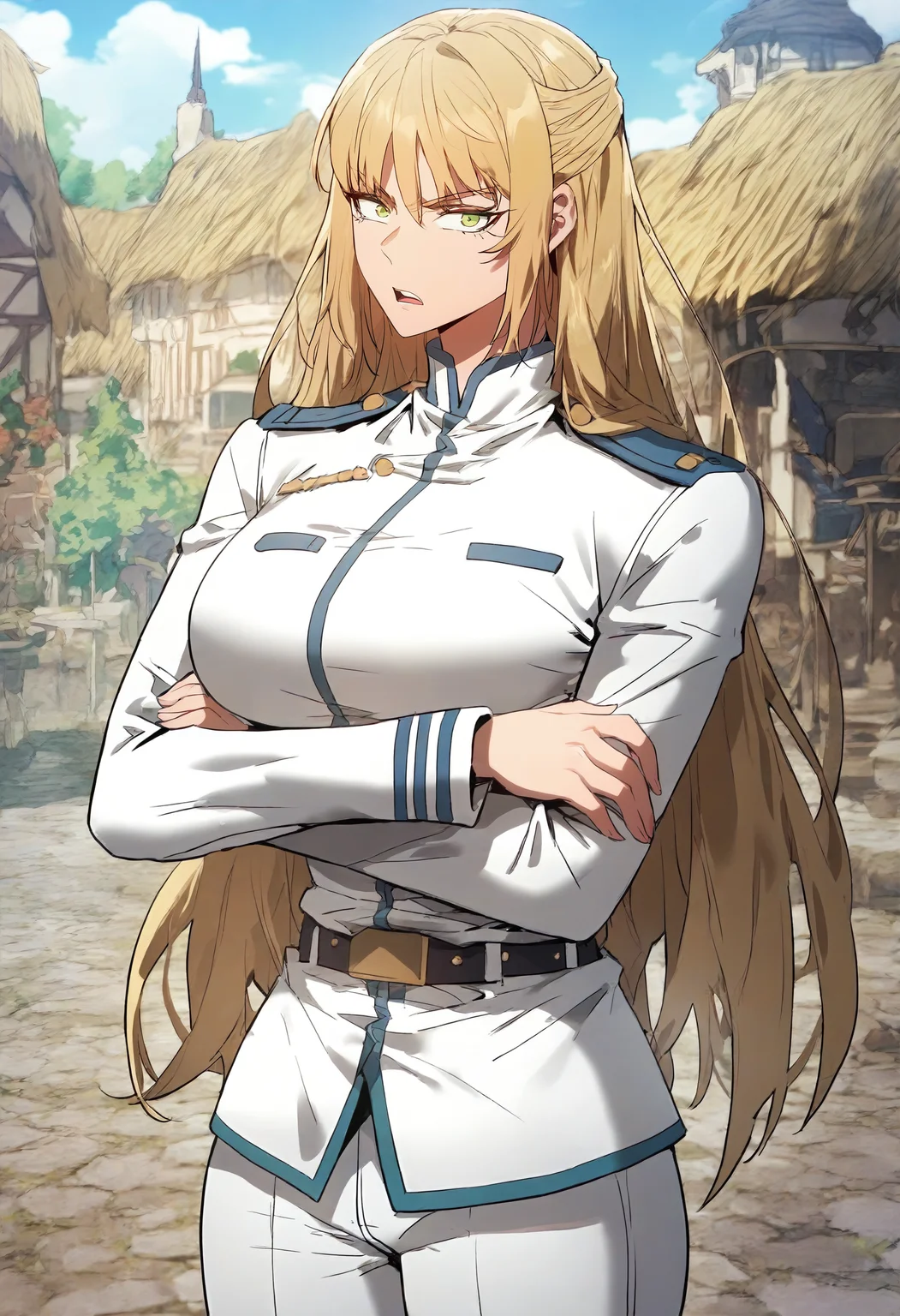 score_9, score_8_up, score_7_up, score_6_up, source_anime, rating_explicit, 1girl, (solo:1.1), huge breasts, <lora:Marya Sen Karabel prefectPonyxl:0.9> long hair, blonde hair, green eyes, clothes2, military uniform, white jacket, long sleeves, black belt, white pants, serious, open mouth, village, outdoors, looking at viewer, crossed arms,