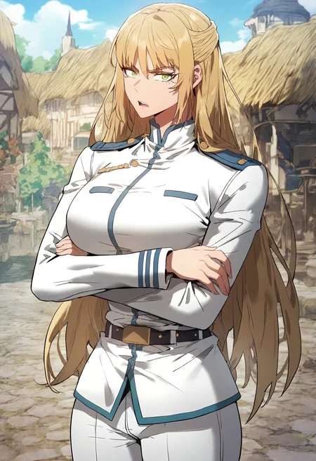 score_9, score_8_up, score_7_up, score_6_up, source_anime, rating_explicit, 1girl, (solo:1.1), huge breasts, <lora:Marya Sen Karabel prefectPonyxl:0.9> long hair, blonde hair, green eyes, clothes2, military uniform, white jacket, long sleeves, black belt, white pants, serious, open mouth, village, outdoors, looking at viewer, crossed arms,