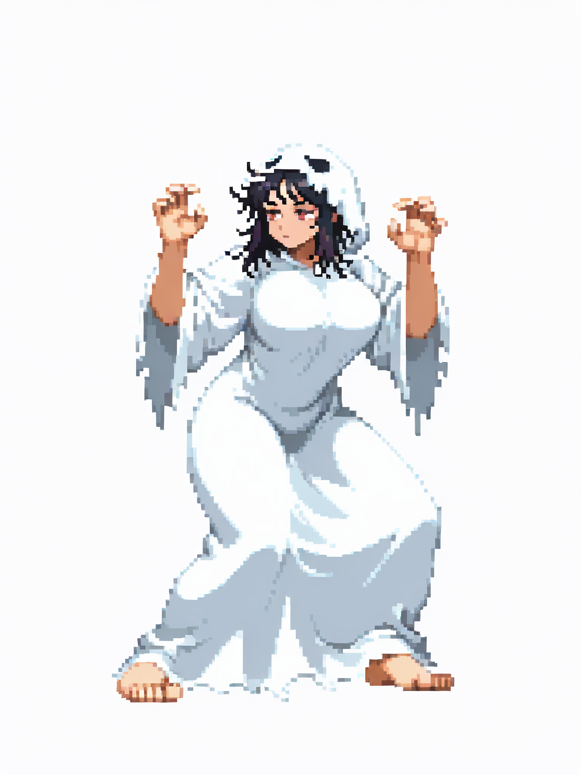 CapcomVsSnk,, white background,,
1girl, ghost costume, messy hair, large breasts, black hair, expressionless, hands up, baggy eyes,, looking at away, dynamic pose, full body, fighting stance, arms up,
 <lora:ACapVSsnk_Style:1.2>, pixel art,