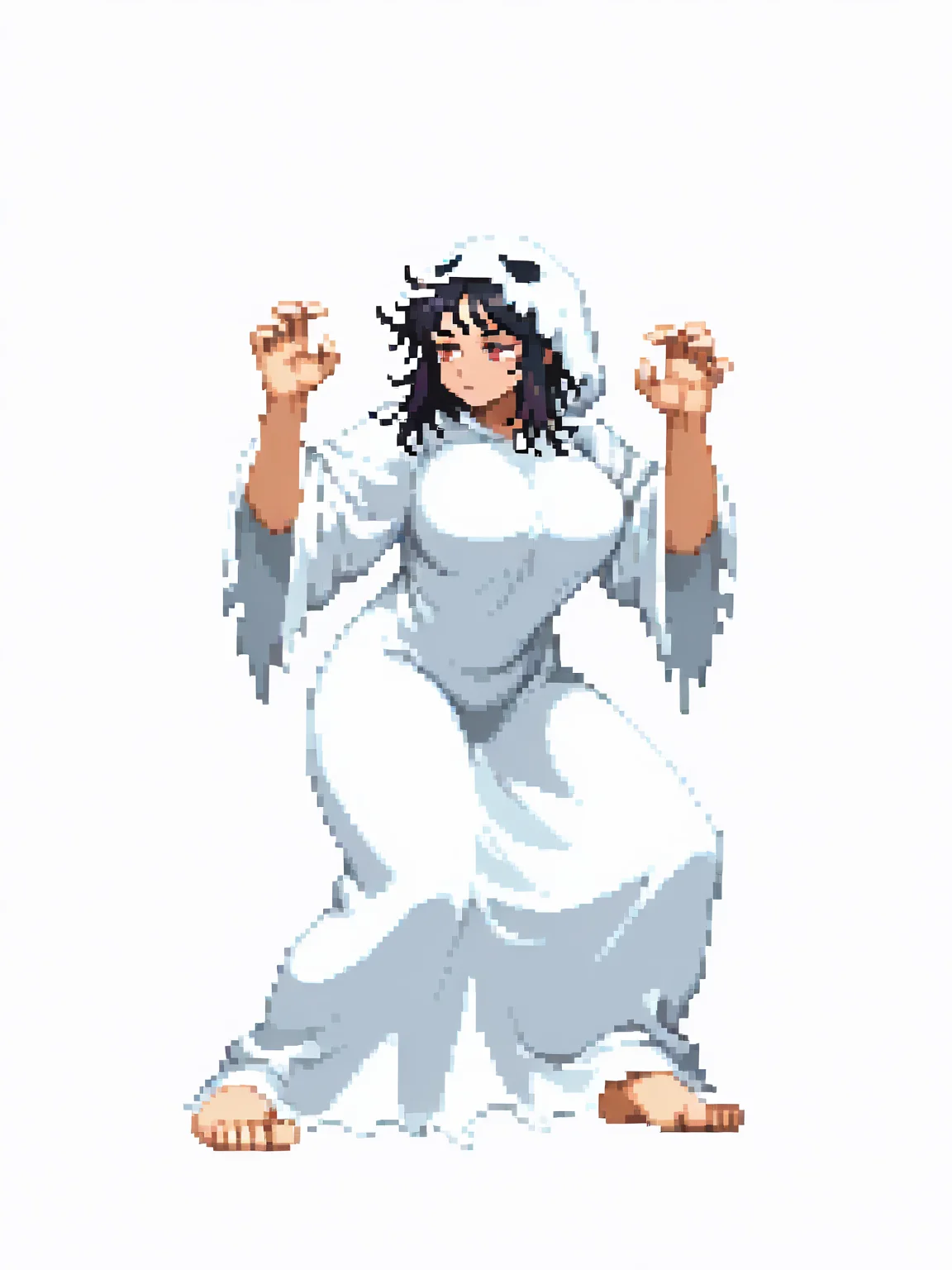 CapcomVsSnk,, white background,,
1girl, ghost costume, messy hair, large breasts, black hair, expressionless, hands up, baggy eyes,, looking at away, dynamic pose, full body, fighting stance, arms up,
<lora:ACapVSsnk_Style:1.2>, pixel art,