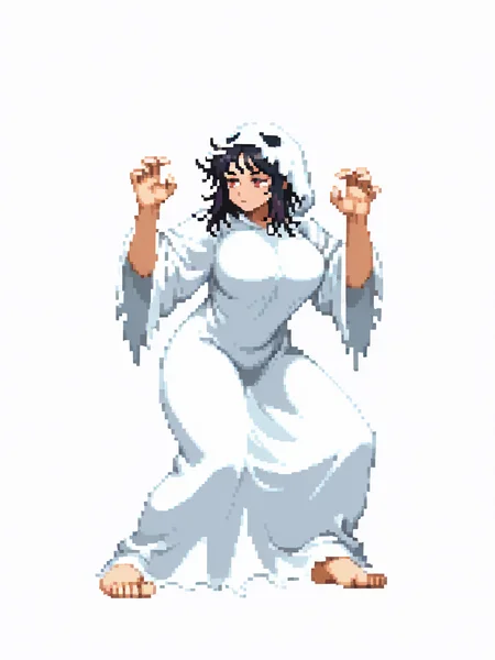 CapcomVsSnk,, white background,,
1girl, ghost costume, messy hair, large breasts, black hair, expressionless, hands up, baggy eyes,, looking at away, dynamic pose, full body, fighting stance, arms up,
<lora:ACapVSsnk_Style:1.2>, pixel art,