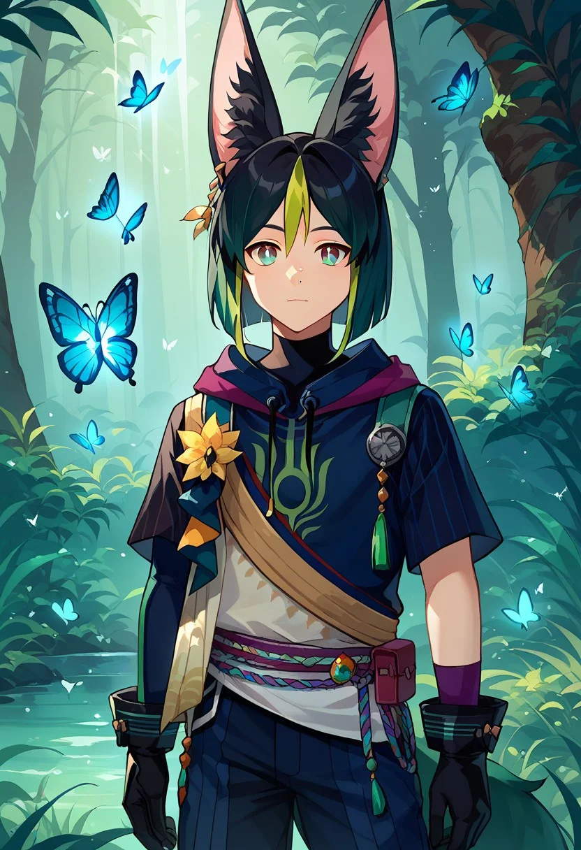 score_9, score_8_up, score_7_up, source_anime, highly detailed,
Tighnari, 1boy, male focus, solo, fox boy, animal ears, animal ear fluff, fox ears, fox tail, multicolored hair, streaked hair, blunt ends, hair between eyes, black hair, green hair, bangs, green eyes, multicolored clothes, hoodie, hood, blue hoodie, drawstring, asymmetrical sleeves, gloves, black gloves, pants, blue pants,
outdoor, rainforest, bug, butterfly, butterfly on nose,