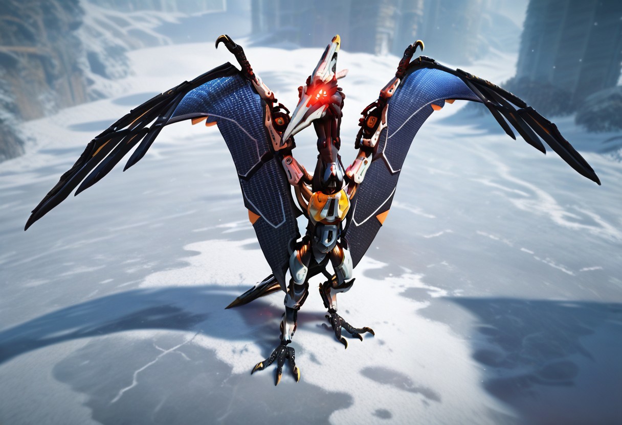 score_9_up, score_8_up, score_7_up, solo focus, full body, dynamic angle, 
jhusunwing, pterosaur, anthro, wings-arms, wings, robot, glowing eyes, claws, chead with crest, bird legs, ruined city, day,