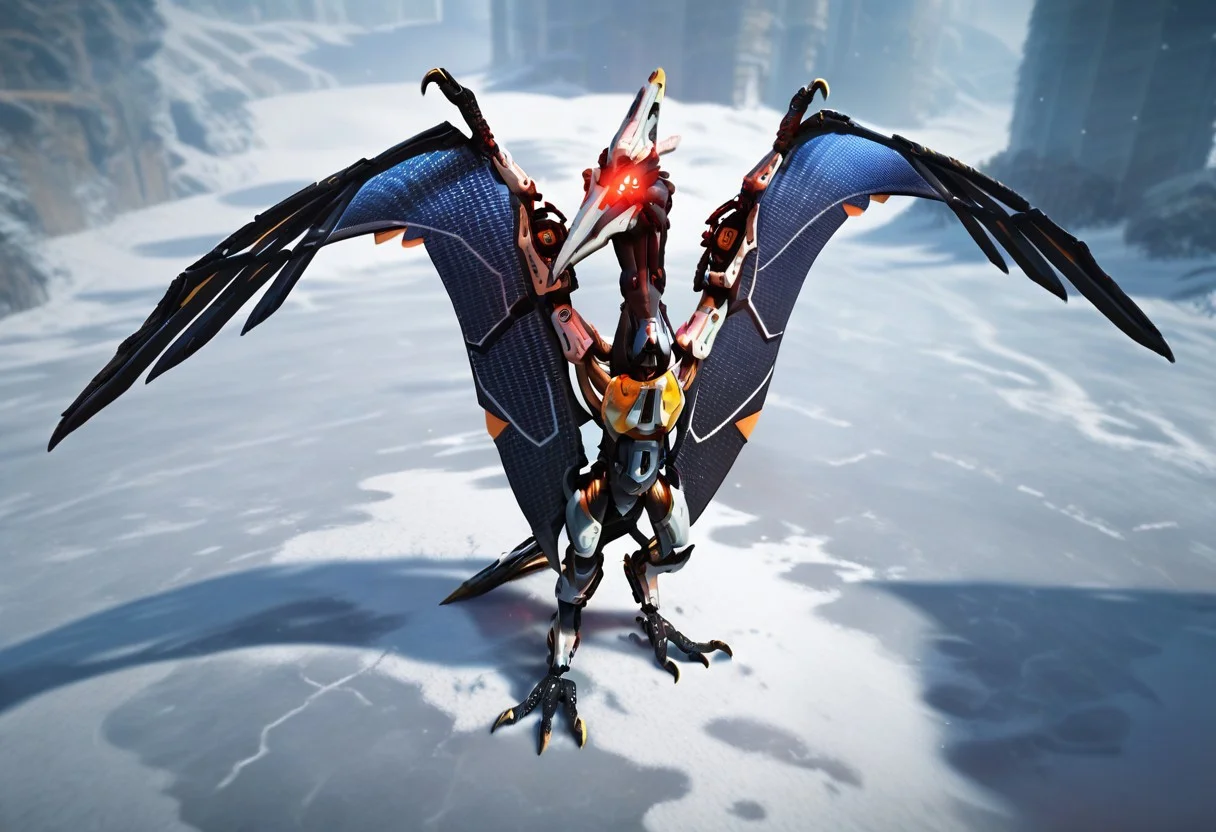 score_9_up, score_8_up, score_7_up, solo focus, full body, dynamic angle,
jhusunwing, pterosaur, anthro, wings-arms, wings, robot, glowing eyes, claws, chead with crest, bird legs, ruined city, day,