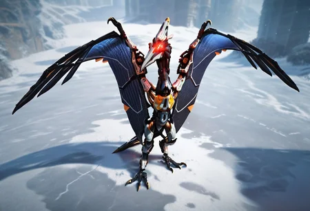 score_9_up, score_8_up, score_7_up, solo focus, full body, dynamic angle, 
jhusunwing, pterosaur, anthro, wings-arms, wings, robot, glowing eyes, claws, chead with crest, bird legs, ruined city, day,