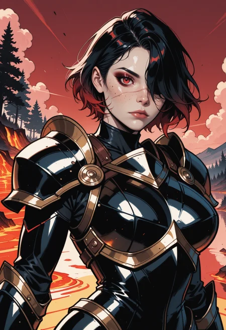 1girl, black armor, , solo, black hair, short hair, hair over one eye, looking at viewer, red eyes, outdoors, upper body, breastplate, shoulder armor,, makeup, day, sky, , cloud, , shoulder plates, pauldrons, breasts, , eyelashes, scar on nose, closed mouth, forest, red sky, one eye covered, , reflective, pale skinned female, gold trim, , shade, day, gradient hair, lava, cowboy shot, black_bodysuit, metallic_bodysuit, freckles, hill, red hair
<lora:commixmixL:1>, masterpiece, best quality, dynamic lighting , dynamic pose,, dynamic angle, (), detailed>, depth of field, dynamic lighting, blurry, aged up, (), adult,
, lips,